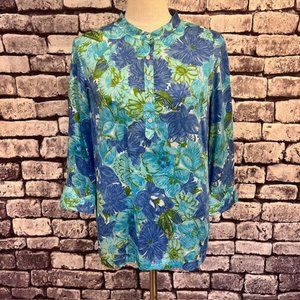 Talbots Blue, White & Green 3/4 Sleeve Blouse Size M